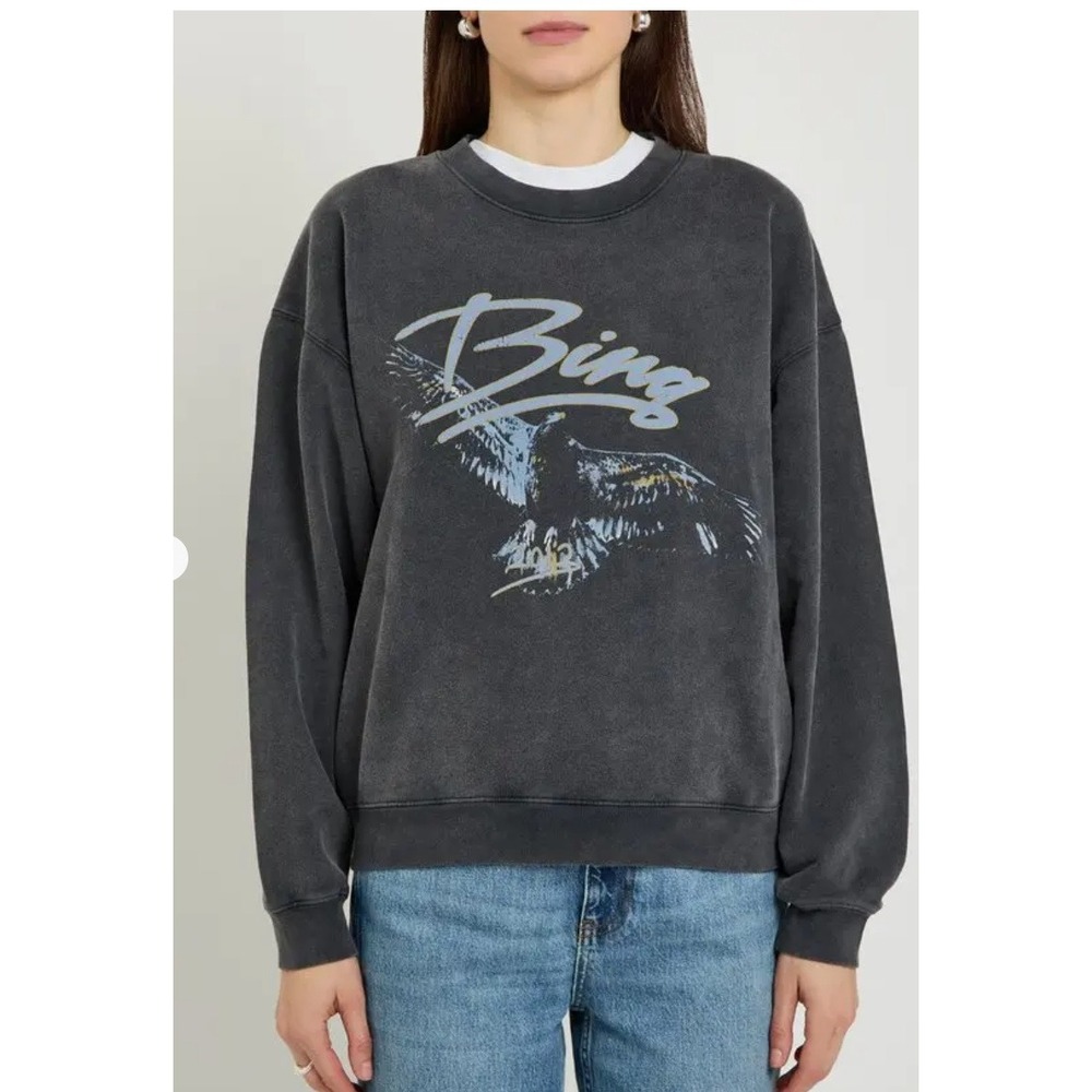 Anine Bing Jaci Sweatshirt Eagle Black Graphic Oversized Cotton Pullover S NWT